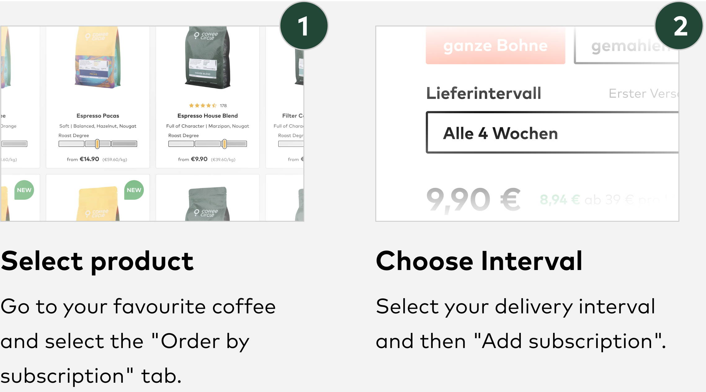 Schritt 1 und 2 des Abos (englisch)