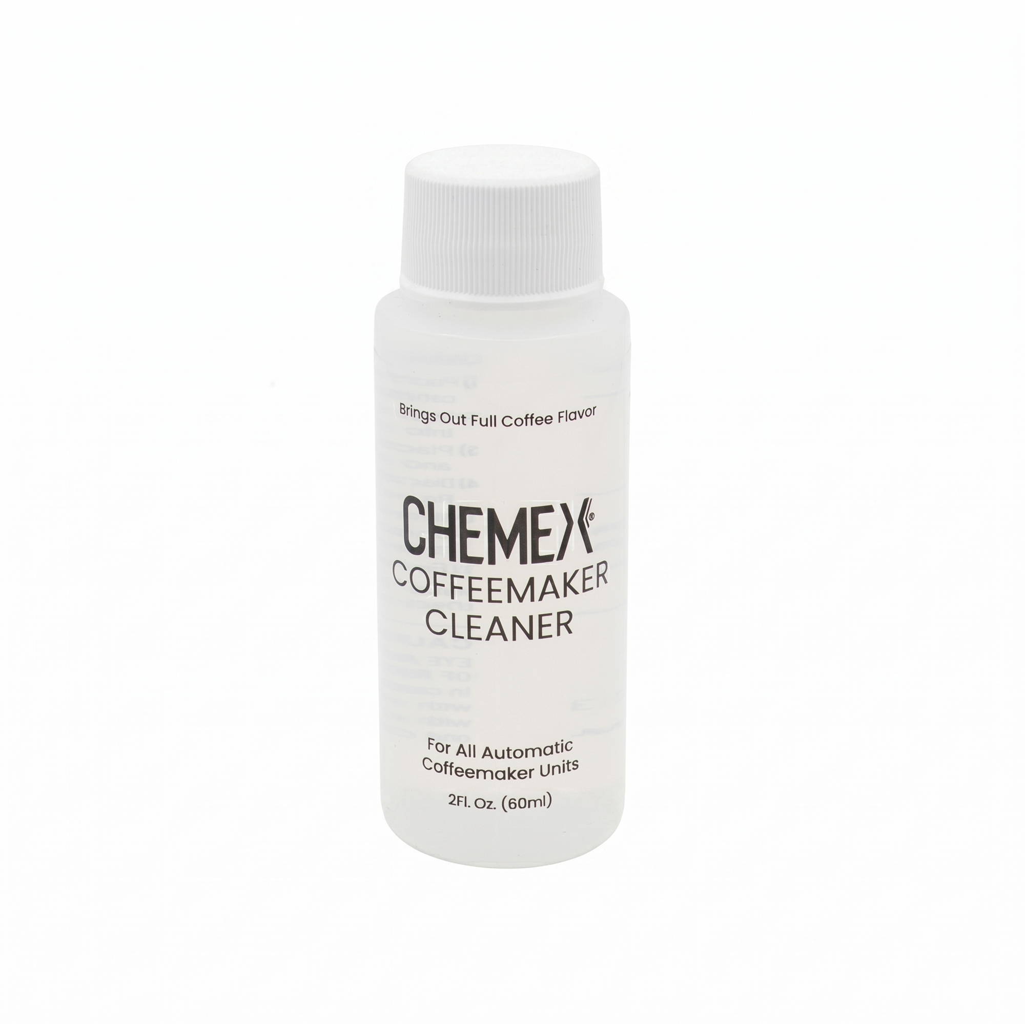 Eine kleine, halbtransparente Kunststoffflasche des Kaffeemaschinen-Reinigers „Chemex Coffeemaker Cleaner“ (60 ml / 2 Fl. Oz.) mit weißem Schraubverschluss, zentral platziert vor einem rein weißen Hintergrund.