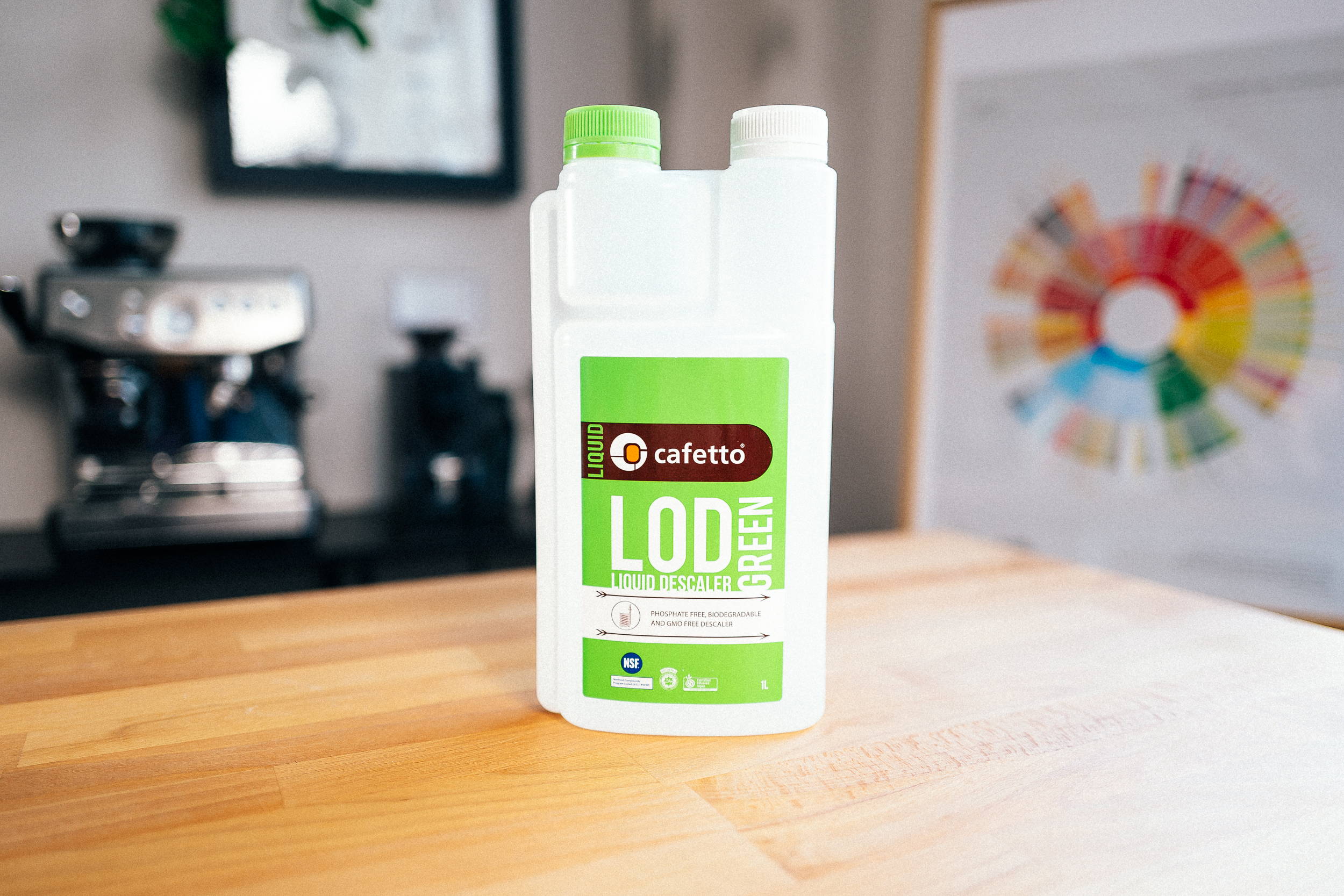 Cafetto LOD Green Coffee Machine Cleaner stands on a table.