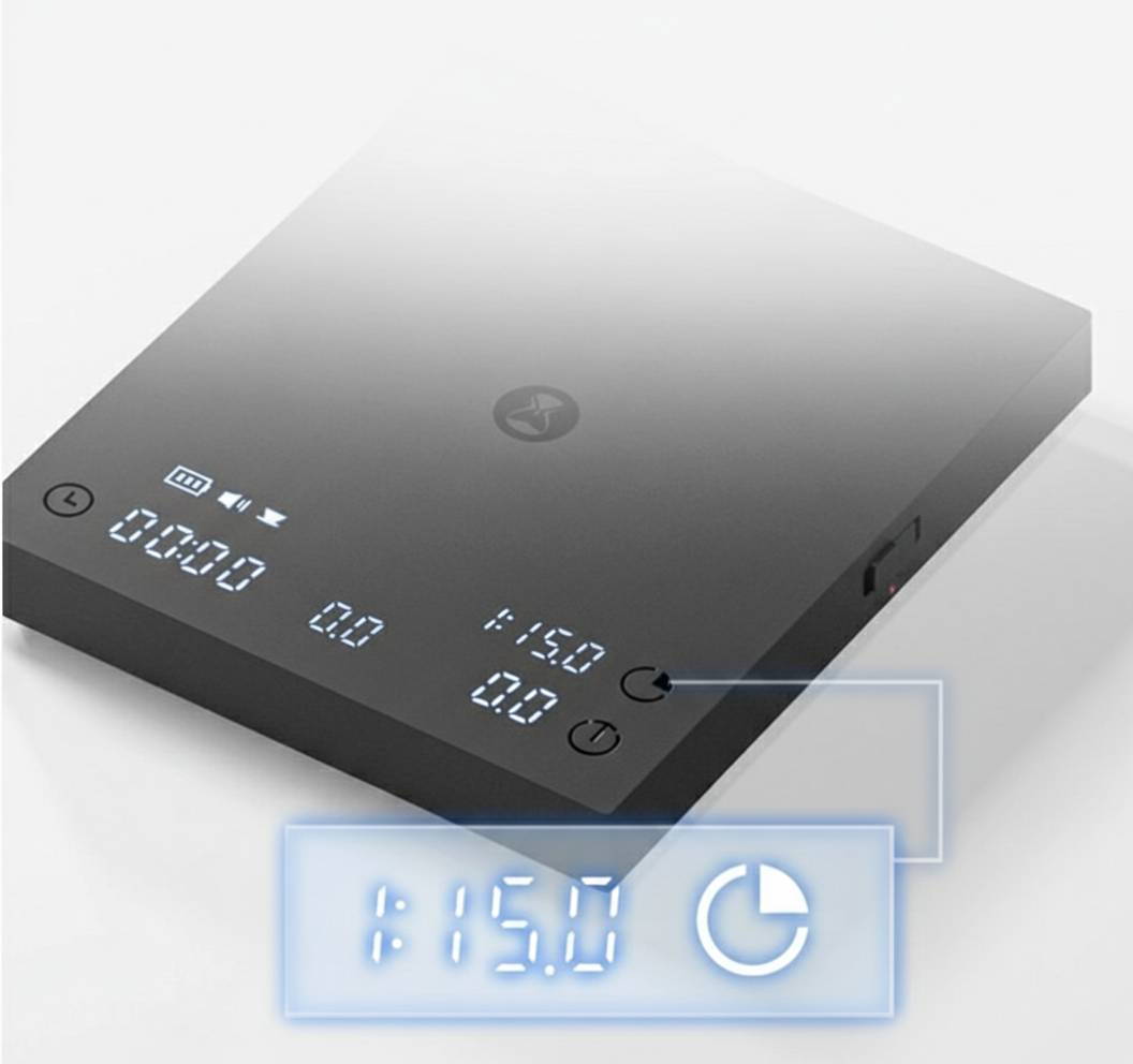 Display-Detail der Timemore Basic 3 Waage mit hervorgehobener Ratio-Anzeige von 1:15.0.