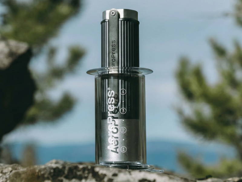 Eine transparente AeroPress steht im Freien auf einem Felsen. Im Inneren des Kolbens ist die Handkaffeemühöe von AeroPress platzsparend verstaut, was die Reisetauglichkeit demonstriert. Der Hintergrund ist unscharf und zeigt Kiefern sowie einen blauen Himmel.