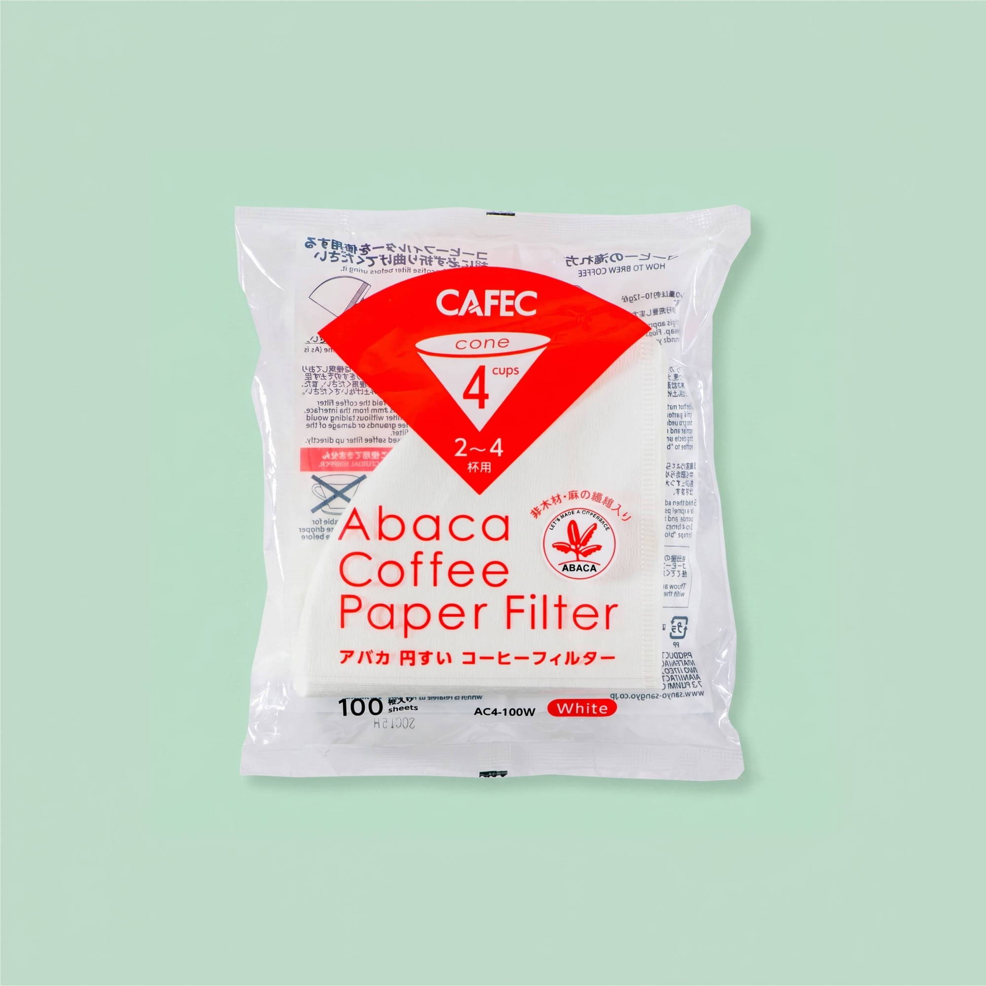 A frontal product photo of a clear plastic package of CAFEC Abaca Coffee Paper Filters against a light green background. The package holds 100 white filters for 2-4 cups. A large red label shows "CAFEC" and "cone 4 cups". Below, in red letters, is "Abaca Coffee Paper Filter", with Japanese text and an "ABACA" logo. Bottom details include "100 sheets," "White," and "AC4-100W," and a QR code.