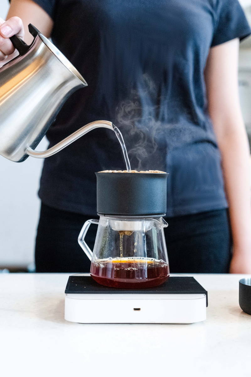 Coffee brewing with the Fellow Stagg X Pour Over Dripper. 