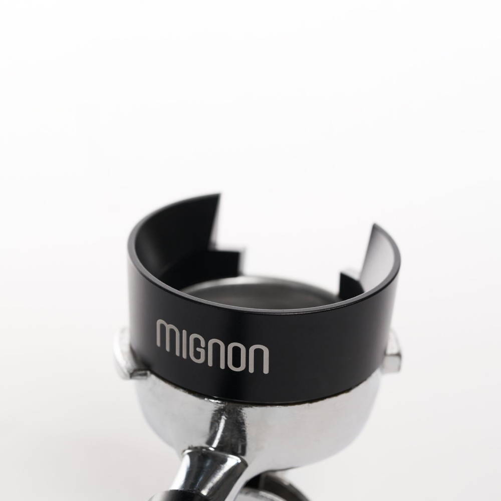 Eureka Mignon Dosing Funnel is seen on a portafilter.