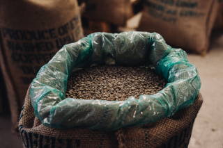 Nach der Anlieferung Die rohen Kaffeebohnen im Sack
