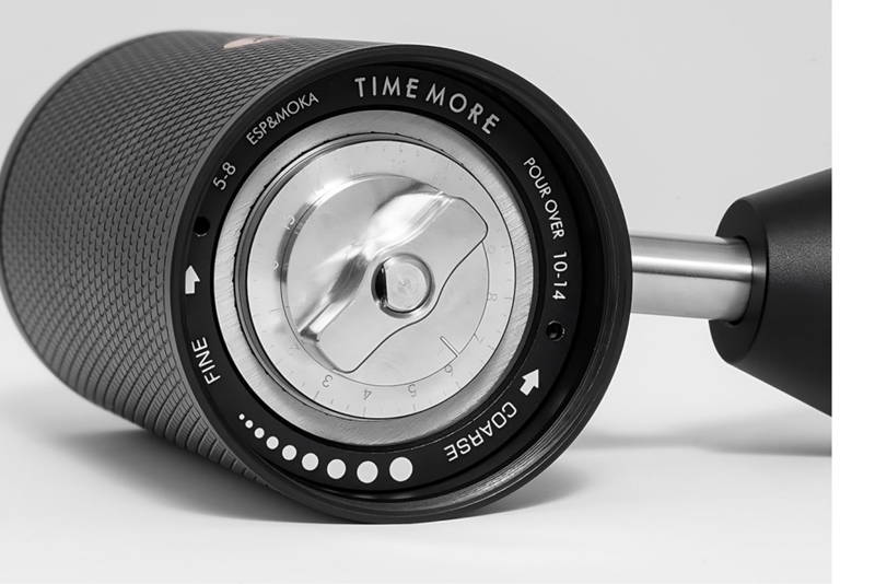 Top view of the coffee grinder's numbered adjustment dial with labels for "Fine", "Coarse", "ESP & Moka", and "Pour Over".