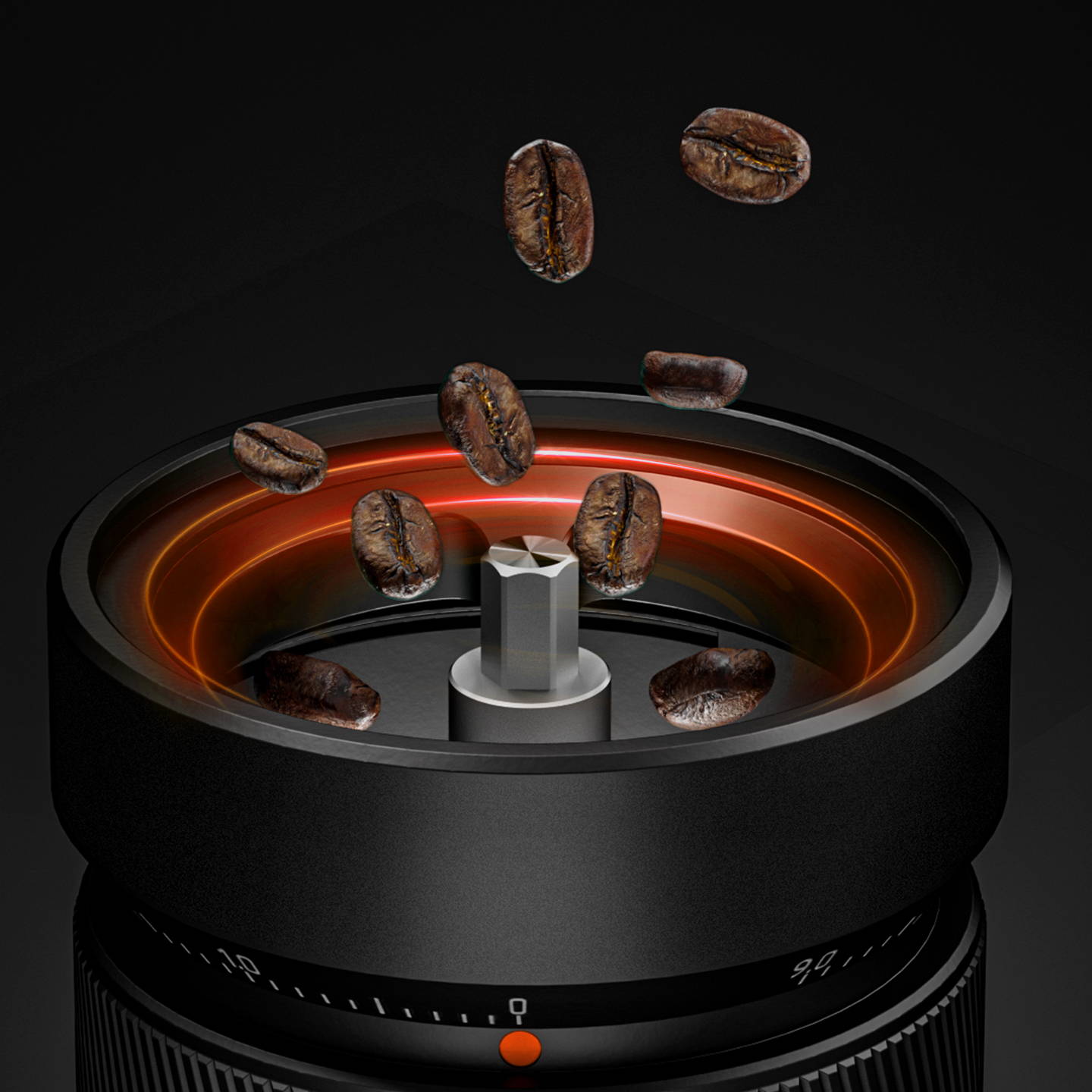 Close-up view of the top opening of a black manual coffee grinder showing whole coffee beans falling in, a central shaft, and a numbered grind adjustment scale around the rim.
