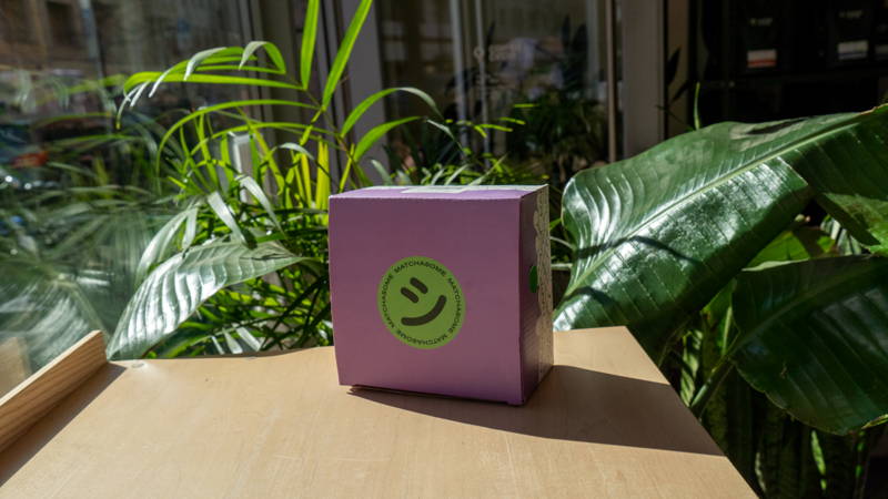 A matcha bowl is packaged on a wooden table. Plants can be seen behind it.