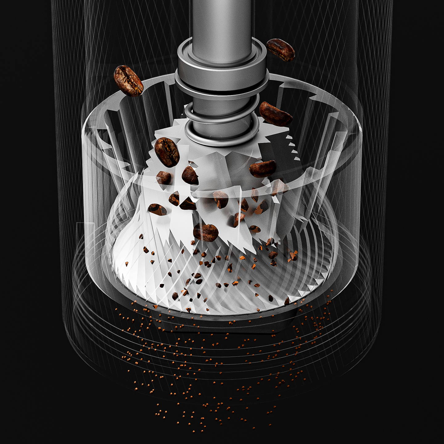 Transparent cross-section diagram showing coffee beans feeding into a stainless steel conical burr, grinding down into fine coffee grounds at the bottom.