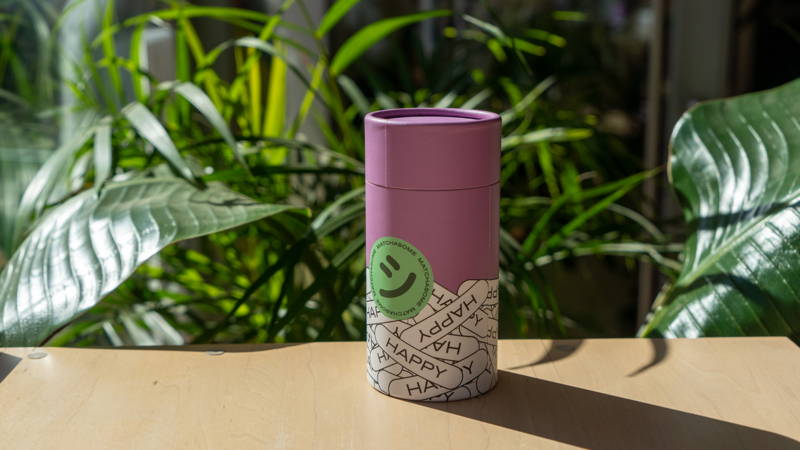 Happy Classic Matcha Basen steht auf einem Tisch. Dahinter sind grüne Pflanzen zu sehen.