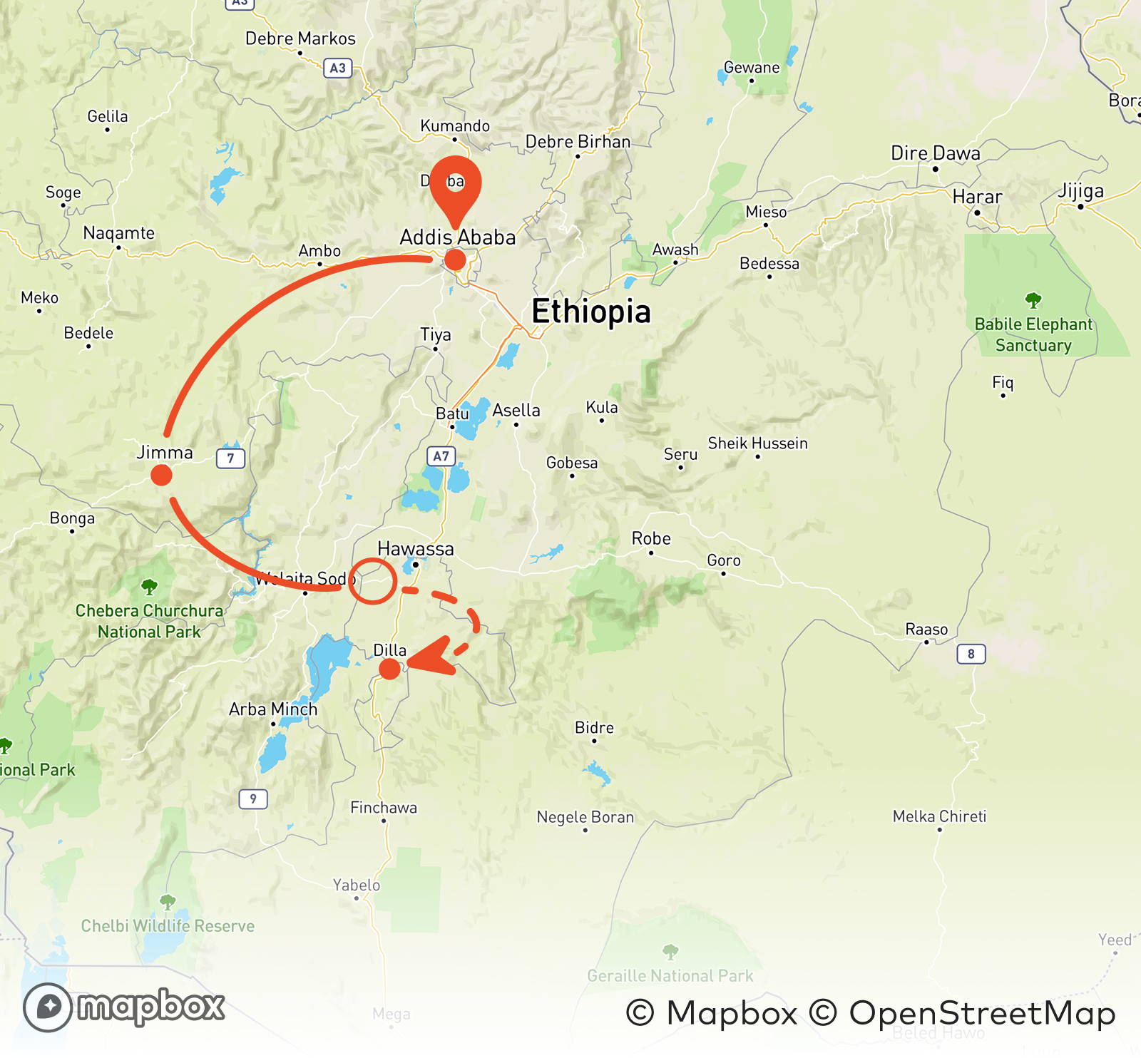 Route Äthiopienreise 2024